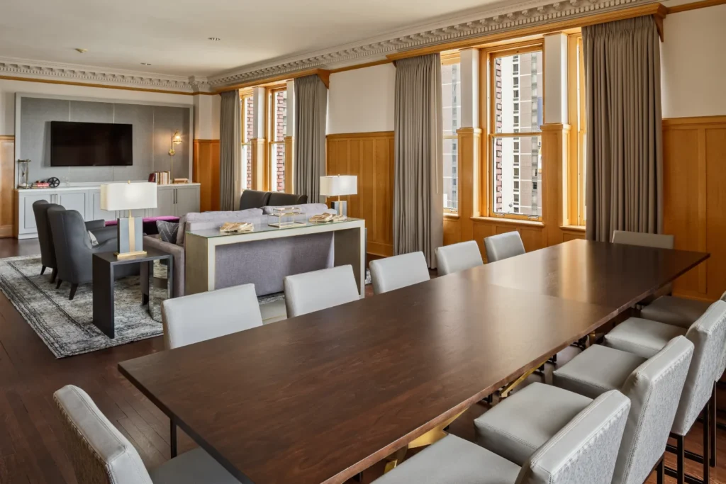 a large wooden table in a large room