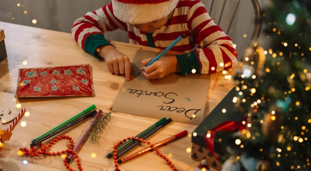 a little boy sitting at a table writing on a piece of paper