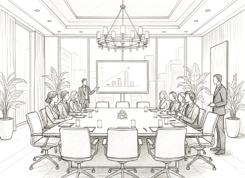 a drawing of a meeting room with people sitting at a table