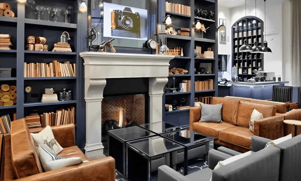 A sophisticated hotel lobby lounge featuring floor-to-ceiling navy blue bookshelves filled with books and decor.