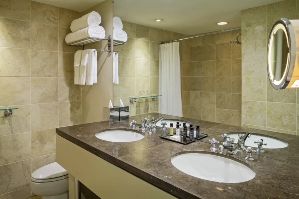 a bathroom with two sinks and a toilet