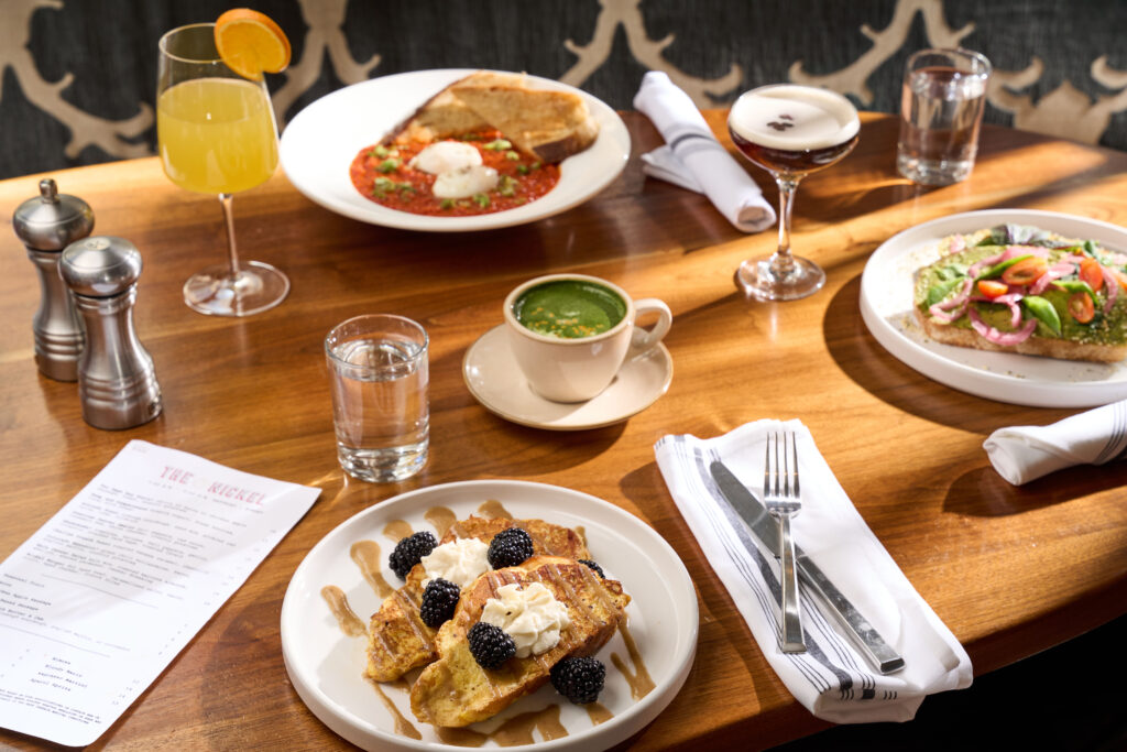 easter brunch with french toast, espresso martini, and matcha drink