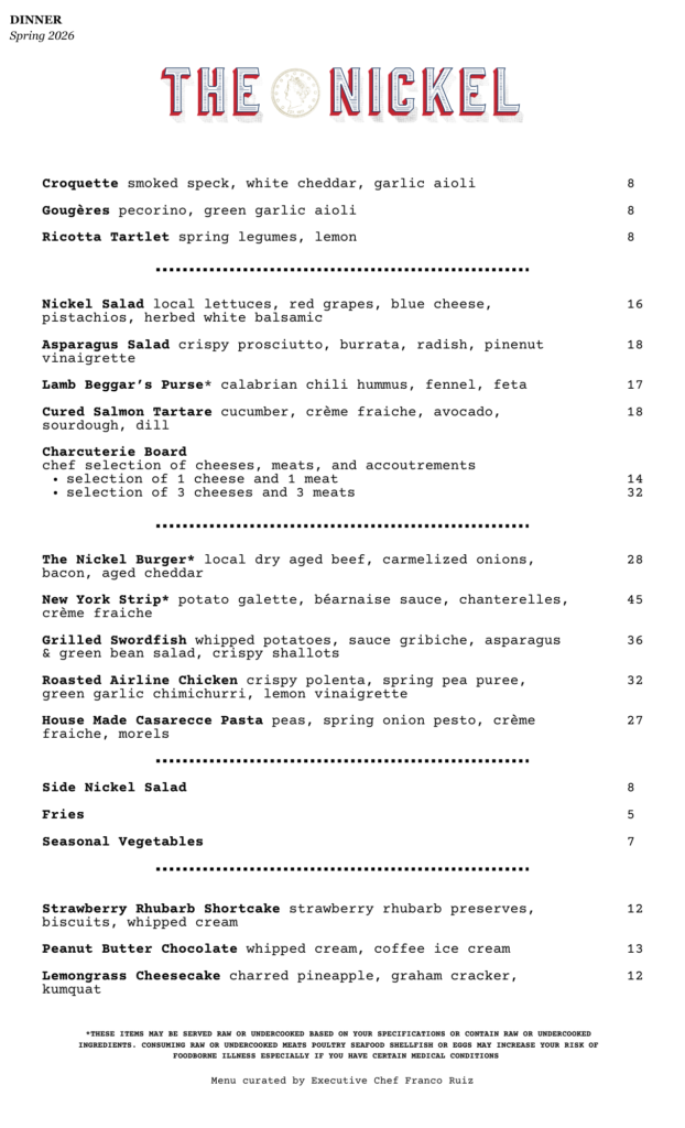Spring 2026 Nickel Dinner Menu