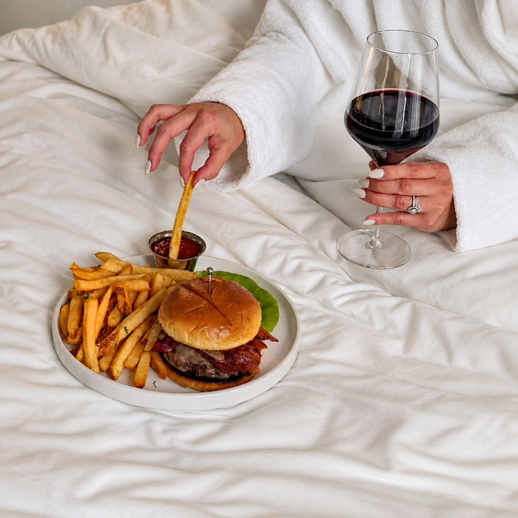 woman holding a glass of wine and enjoying a cheeseburger and french fries in her hotel room